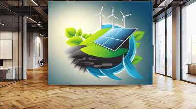 renewable energy background with green energy as wind turbines and solar panels. generative ai Wall mural