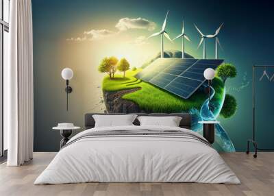 renewable energy background with green energy as wind turbines and solar panels Wall mural