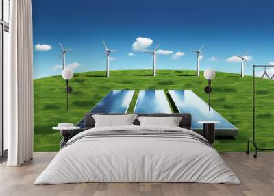 renewable energy background with green energy as wind turbines and solar panels Wall mural