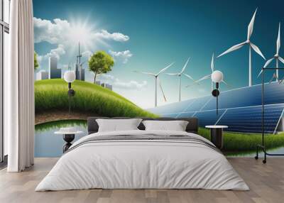 renewable energy banner background with green energy as wind turbines and solar panels Wall mural