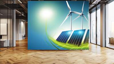 renewable energy banner background with green energy as wind turbines and solar panels Wall mural