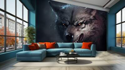 scary angry wolf with sharp teeth Wall mural