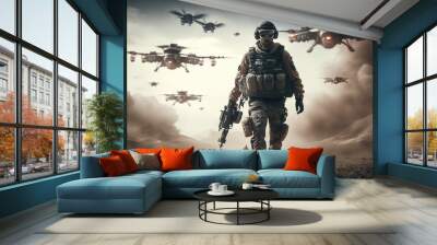 soldier with military drone as weapon in war. generative ai Wall mural