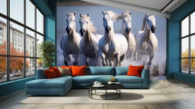 white horses running and splashing on water Wall mural