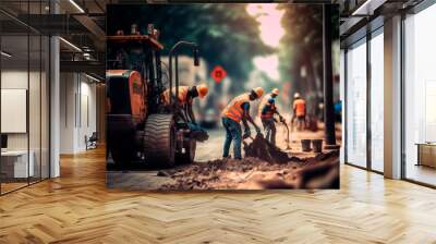 workers with reflective vests carrying out public road maintenance works with heavy machinery Wall mural