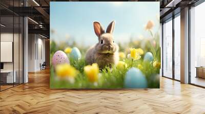 easter bunny and easter eggs on green grass with flowers. Wall mural