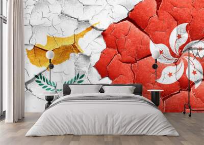 Cyprus flag with Hong Kong flag on a grunge cracked wall Wall mural