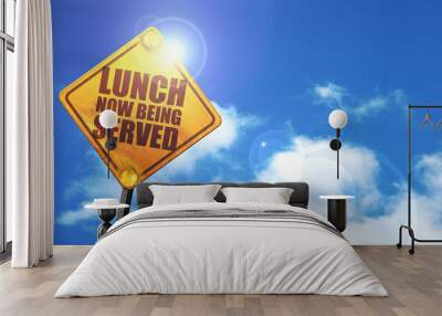 lunch served, 3D rendering, glowing yellow traffic sign Wall mural