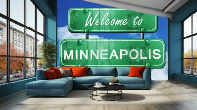 minneapolis vintage green road sign with blue sky background Wall mural