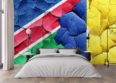 Namibia flag with Romania flag on a grunge cracked wall Wall mural