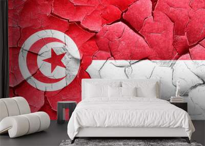 Tunesia flag with Indonesia flag on a grunge cracked wall Wall mural