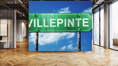 villepinte road sign, vintage green with clouds background Wall mural