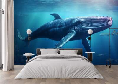 A beautiful blue whale swims gracefully through the ocean depths, surrounded by schools of colorful fish Wall mural