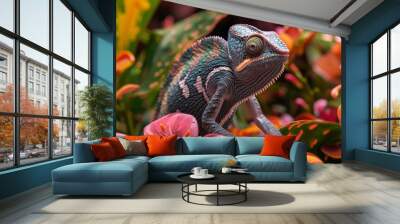 A camouflaged chameleon changing colors among tropical flowers Wall mural