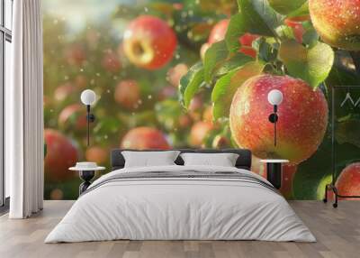 A close-up of juicy red apples growing on apple trees in an orchard, captured in beautiful sunlight with water droplets. Wall mural