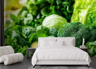 A close-up of various fresh green vegetables including broccoli, lettuce, spinach, and Brussels sprouts, vibrant and healthy for cooking and salads. Wall mural