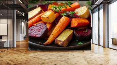 A delicious plate of roasted vegetables, featuring carrots, beets, and sweet potatoes garnished with fresh herbs on a rustic wooden table. Wall mural