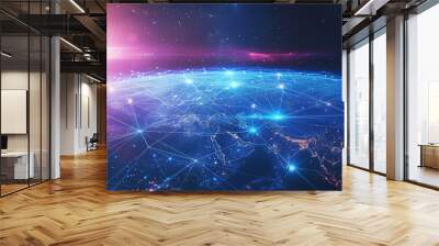 A digital representation of global connectivity with a network of connected points and glowing lines, symbolizing the internet and communication across the world. Wall mural