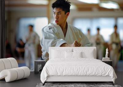 a karate asian martial art training in a dojo hall. young man wearing white kimono and black belt fighting learning, exercising and teaching. students watching in the background. Wall mural