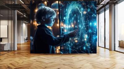 A model child communicate with a robot, with virtual or robot. A future technology concept Wall mural