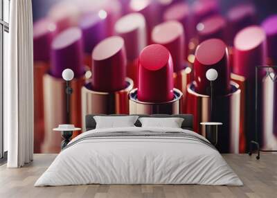 A stunning array of colorful lipsticks in various shades, perfect for any makeup look or beauty concept. High-quality cosmetic product display. Wall mural