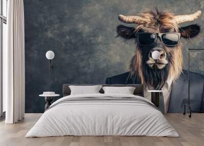 A surreal image of a bull in a suit and sunglasses, representing creativity, business, and out-of-the-box thinking. Perfect for marketing materials. Wall mural