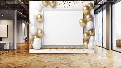 A white frame with balloons and gold glitter on it Wall mural