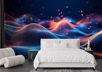 Abstract digital wave in blue and orange hues representing data flow, technology or futuristic concepts. Wall mural