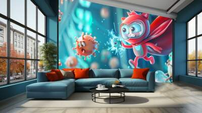 Animated baby super hero in a vibrant costume, using magical antivirus powers to shield friends from playful, cute virus characters Wall mural