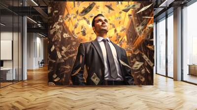 Attractive businessman stands under money fly rain Wall mural