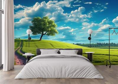 Beautiful bright colorful summer spring landscape with lonely tree on field, fresh green grass on meadow and blue sky with clouds Wall mural