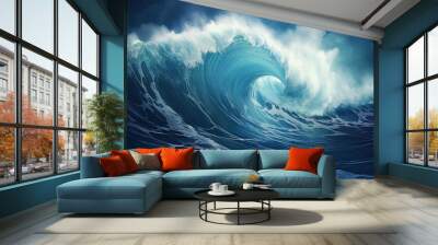 Big waves breaking on an reef along. Blue ocean wave. Wall mural