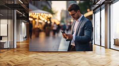 Close-up image of businessman watching smart mobile phone device outdoors. Business man networking typing an sms message in city street. Wall mural