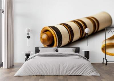 Close-up of elegant, rolled Torah scroll with intricate wooden details, offering a glimpse of timeless religious heritage and craftsmanship. Wall mural