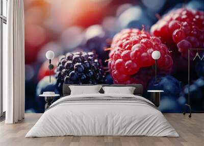 Close-up of fresh berries including raspberries, blackberries, and blueberries, bathed in natural light for a visually appealing presentation. Wall mural