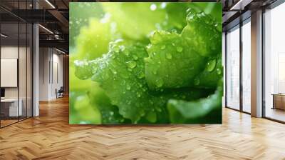 Close-up of fresh green lettuce leaves with water droplets, showcasing vibrant color and texture, perfect for healthy eating and organic lifestyle themes. Wall mural