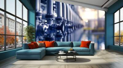 Close-up of industrial pipes in a modern factory. Shallow depth of field and focus on metallic components. Blue and grey color tones. Wall mural