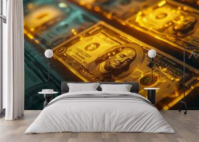 Close-up of US dollar bills with a golden glow, symbolizing wealth, finance, and economic success. Ideal for business and investment themes. Wall mural