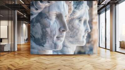 Close-up view of two classical marble statues, showcasing intricate details and expressions, symbolizing artistic heritage and historical craftsmanship. Wall mural