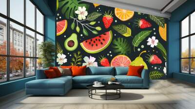 Colorful tropical fruits and flowers pattern with watermelon, avocado, lemon, and leaves on dark background. Vibrant summer illustration. Wall mural