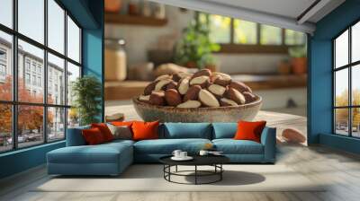 Cozy kitchen scene with a bowl of Brazil nuts on a wooden table, daylight streaming through the window, evoking warmth and tranquility. Wall mural