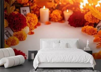 Day of the Dead altar with marigolds, candles, and photos in celebration of a Mexican traditional holiday, Dia de los Muertos. Wall mural