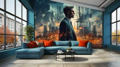 Double exposure of business man and oil refinery Wall mural