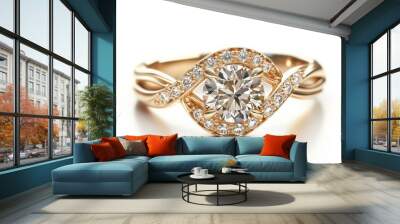 Elegant gold ring with a sparkling diamond centerpiece, perfect for engagement or special occasions, showcasing timeless beauty and luxury. Wall mural