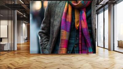 Fashionable man in a stylish jacket and colorful scarf, walking in a city street during autumn. Close-up on his casual attire. Wall mural