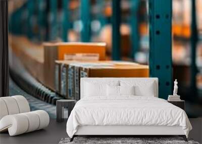 Focused shot of packages on a conveyor belt in a warehouse, highlighting the efficiency of modern logistics and automated storage systems. Wall mural