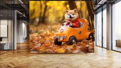 funny dog traveling by pedal car in autumn Wall mural