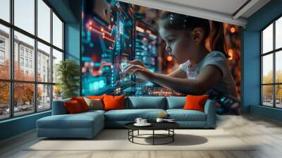 future technology, augmented reality and cyberspace concept. Education new technology. EdTech. Little girl uses a futuristic processor for augmented reality. Science technology concept. Wall mural