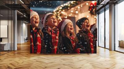 Group of children singing Christmas carols in the snow, wearing Santa hats and scarves, enjoying festive holiday season at night. Wall mural