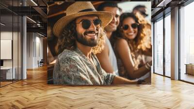 Group of friends relaxing on luxury yacht and drinking champagne at exclusive boat party. Wall mural